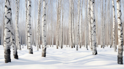 A serene winter landscape showing a dense birch forest with trees standing in pristine snow, under a clear sky.