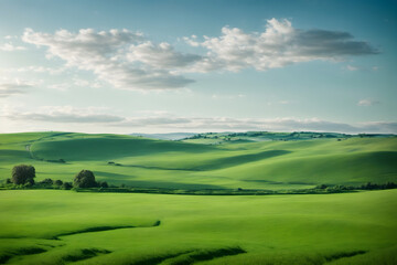 Obraz premium A landscape of a green fields and a bright blue sky
