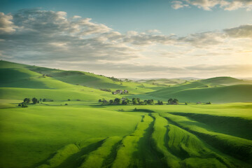 Obraz premium A landscape of a green fields and a bright blue sky