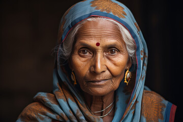 Close up portrait of an elderly Indian woman wearing a bindi and traditional clothing