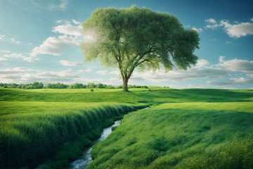 Fototapeta na wymiar A landscape of a green fields and a bright blue sky