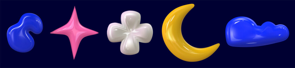 3d set y2k colorful glossy plastic element set. Abstract shape plastic render. Y2K form moon, star and flower. Vector illustration 3d render.