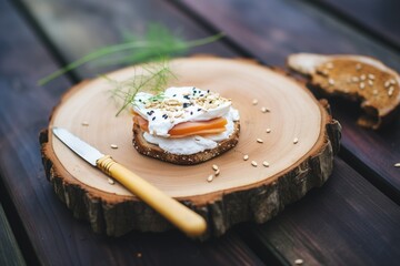 bagel with cream cheese and almond slivers on rustic wood