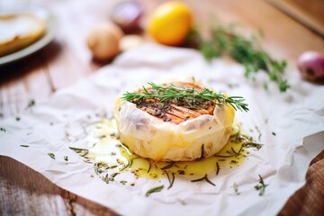 baked camembert with garlic cloves and thyme on baking paper - obrazy, fototapety, plakaty