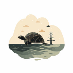 turtle in the water illustration vector illustration, stamp look, in the style of jon klassen, george ault, white background, richard serra, mid-century illustration - obrazy, fototapety, plakaty