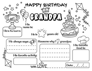 Happy birthday, grandpa. Fill in the sheet, Grandpa's birthday for grandchildren. Kids printable cards