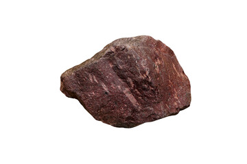 Sample raw purple rhyolite extrusive igneous rock stone on white background.