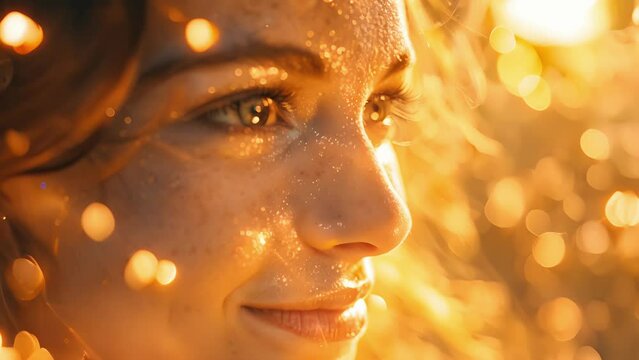 A closeup of a woman with bright, golden eyes and a radiant smile, her face basking in the warm, golden light of the sun. Her skin is radiant and flawless, and tiny sparks of light seem to