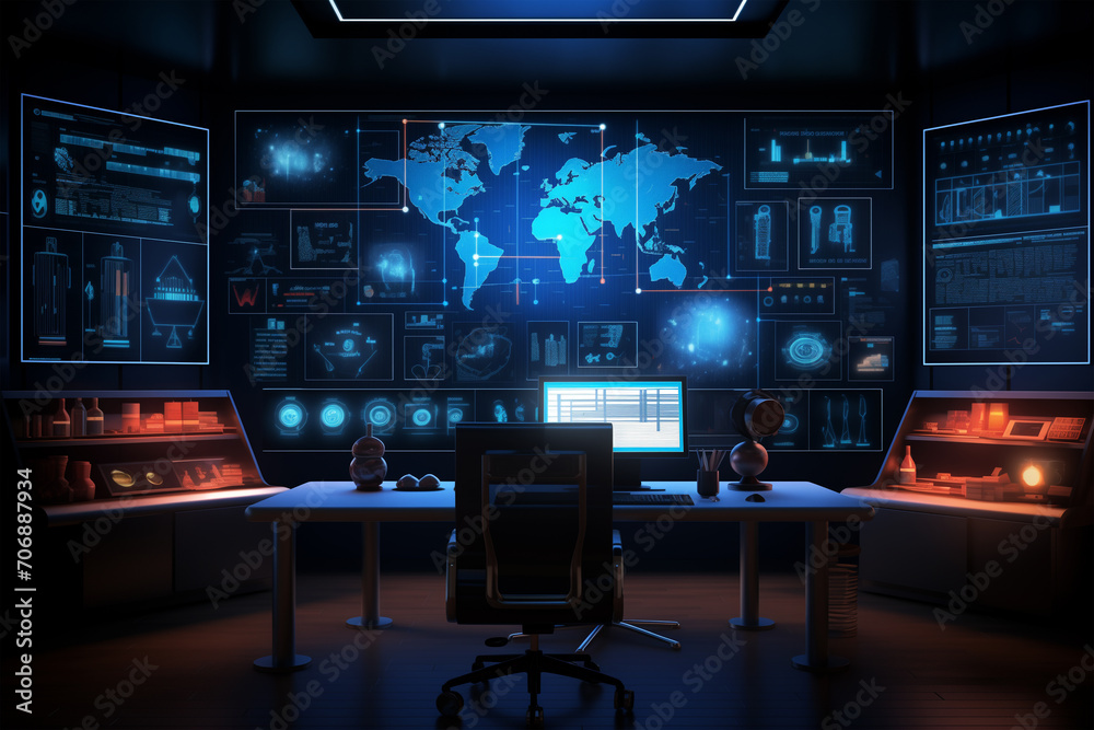 Wall mural futuristic data monitoring or analytics room, modern digital technology office with big computer scr