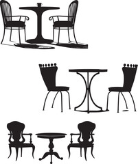 Black chair and  tables silhouettes group on white background 