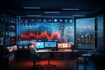 futuristic data monitoring room, modern digital technology office with big computer screens, business  growth analysis graph monitoring