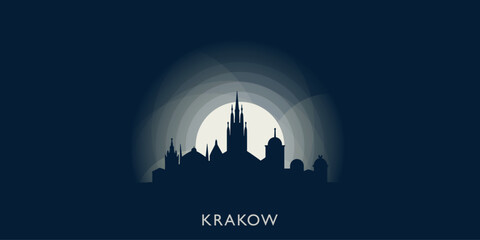 Krakow cityscape skyline city panorama vector flat modern banner illustration. Poland megapolis emblem idea with landmarks and building silhouettes at sunrise sunset night - obrazy, fototapety, plakaty