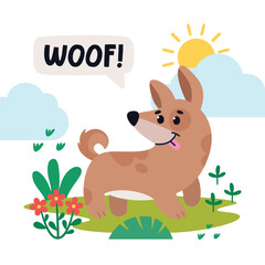 Happy pet dog is walking in park. Greeting card with funny dog, puppy, lettering, flower, plants, leaves, toy. Flat vector illustration