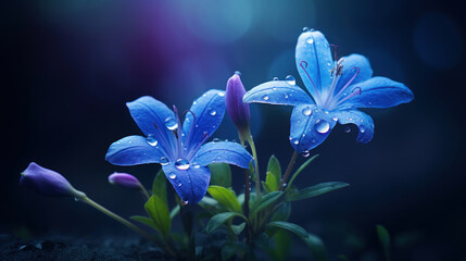 Vivid blue flowers with fresh morning dew drops against a dark, mystical background.