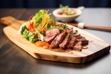 beef teriyaki with mixed salad on a wooden platter