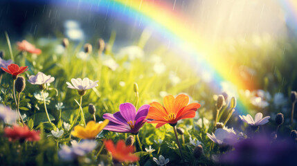 A serene meadow of wildflowers glistening with raindrops under a bright rainbow in the sky.