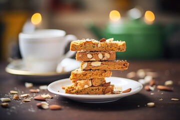 almond biscotti stack with coffee cup - obrazy, fototapety, plakaty