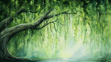 Paint a picture of an enchanted forest with a weeping willow tree, using your fingerprints to form the tree's cascading branches adorned with love notes. - obrazy, fototapety, plakaty