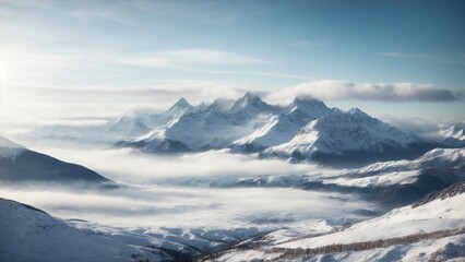 A dramatic snowy mountain range, with jagged peaks and deep valleys, shrouded in mist and mystery.