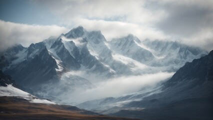 A dramatic snowy mountain range, with jagged peaks and deep valleys, shrouded in mist and mystery. - obrazy, fototapety, plakaty