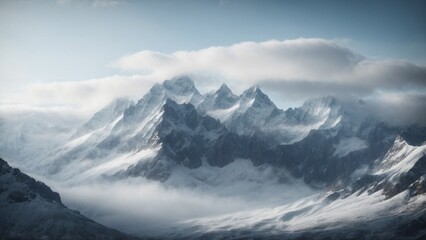 A dramatic snowy mountain range, with jagged peaks and deep valleys, shrouded in mist and mystery.