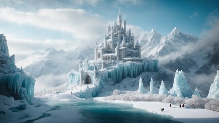 A fantastical snowy mountain kingdom, with towering ice castles and magical creatures, straight out of a fairy tale.