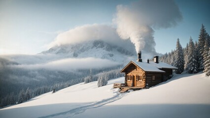 A tranquil snowy mountain retreat, with a cozy lodge and hot springs, perfect for a relaxing winter getaway.