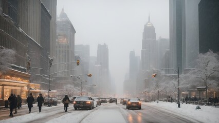 A snowy cityscape, with towering skyscrapers and bustling streets, all transformed into a winter...