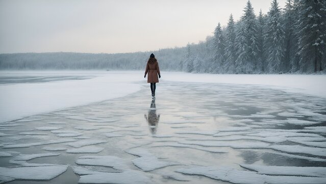 A frozen lake, with a lone figure skating gracefully on its surface, leaving a trail of intricate patterns in the freshly fallen snow. - Powered by Adobe