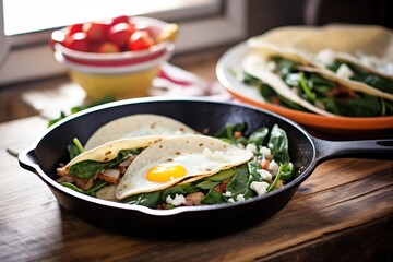 steel skillet with tacos filled with egg whites and spinach