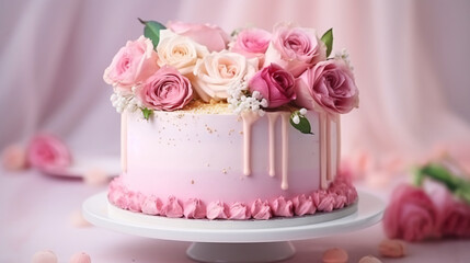 Fototapeta na wymiar Birthday cake with flowers roses decor for a wedding