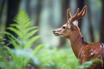 profile of a bushbuck standing by vibrant ferns