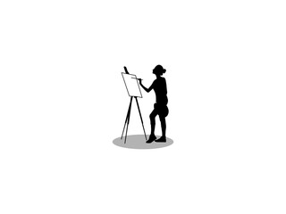Painter artist silhouette. Girl artist paints on canvas silhouettes. Painter silhouette isolated white background.