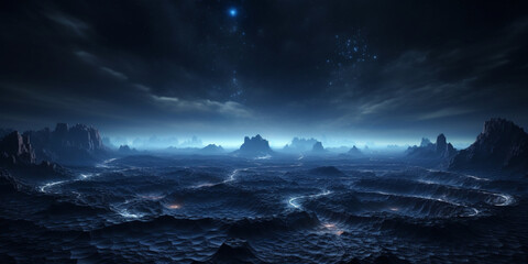 Fantasy alien planet. Mountain and lake. 3D illustration. Alien planet landscape for space game background