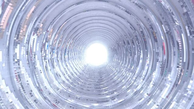 Abstract metallic shiny silver chrome polyhedral tunnel frame made of lines of hexagonal edges, mechanical high-tech tunnel futuristic, abstract background