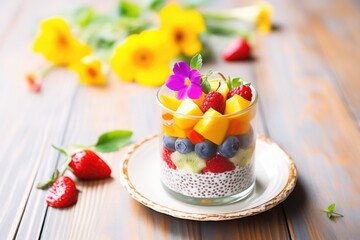 Obraz na płótnie Canvas chia pudding with colorful tropical fruit salad on top