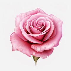 Pink rose with water drops isolated on white background. Vector illustration.