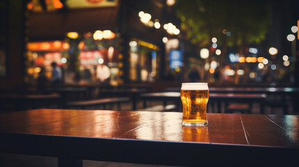 A single pint of frothy beer sits on a wooden table in a cozy pub setting, with warm, blurred lights in the background. - obrazy, fototapety, plakaty
