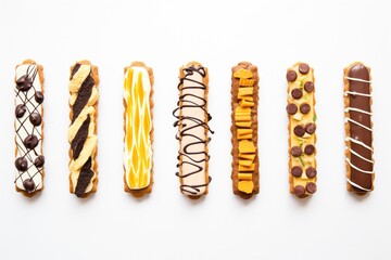 row of eclairs with different chocolate patterns