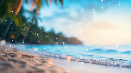 Fototapeta premium An enchanting beach scene at sunset with sea spray glistening in the air, palm trees silhouetted against the sky.