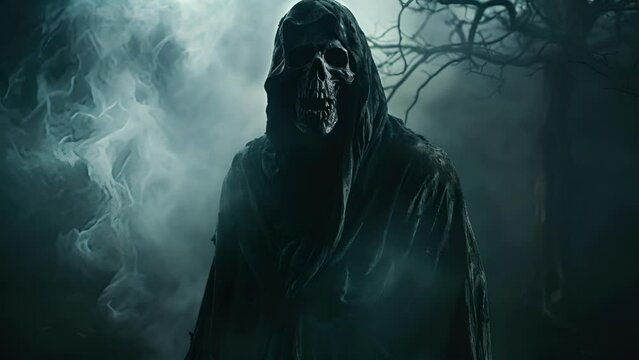 An undead entity in a shroud of nightmarish smoke an ominous robed figure lurking in the shadows of an ancient graveyard.
