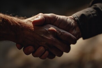 Close up photo of two men shaking hands. Dark background