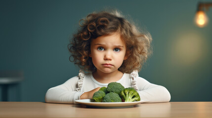 A curly-haired child looks pensively at a plate of broccoli, a moment reflecting the universal struggle of parents with picky eaters. - obrazy, fototapety, plakaty