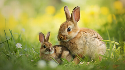 Fototapeta na wymiar Best friends bunny rabbit and chick. AI Generative