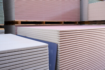 The stack of special gypsum plasterboard board with enhanced sound insulation Plasterboard. Panel...
