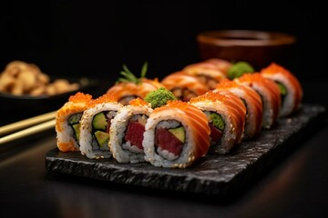 Close-up of delicious sushi rolls on black table. Generative AI