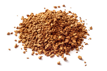 Pile of granulated instant coffee on white background. Instant coffee is isolated.