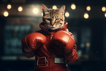 Anthropomorphic cat in a leather jacket and boxing gloves