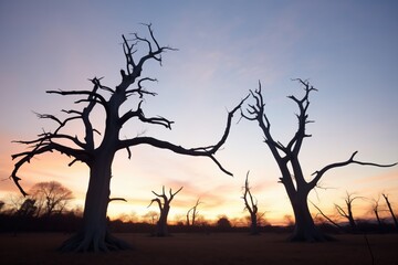 crooked tree silhouettes at deep twilight