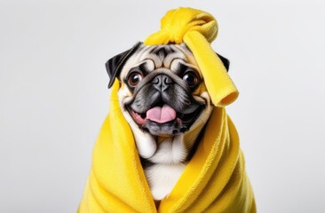 Close-up of a joyful pug in a yellow towel on a light background drying after a shower. Grooming,...
